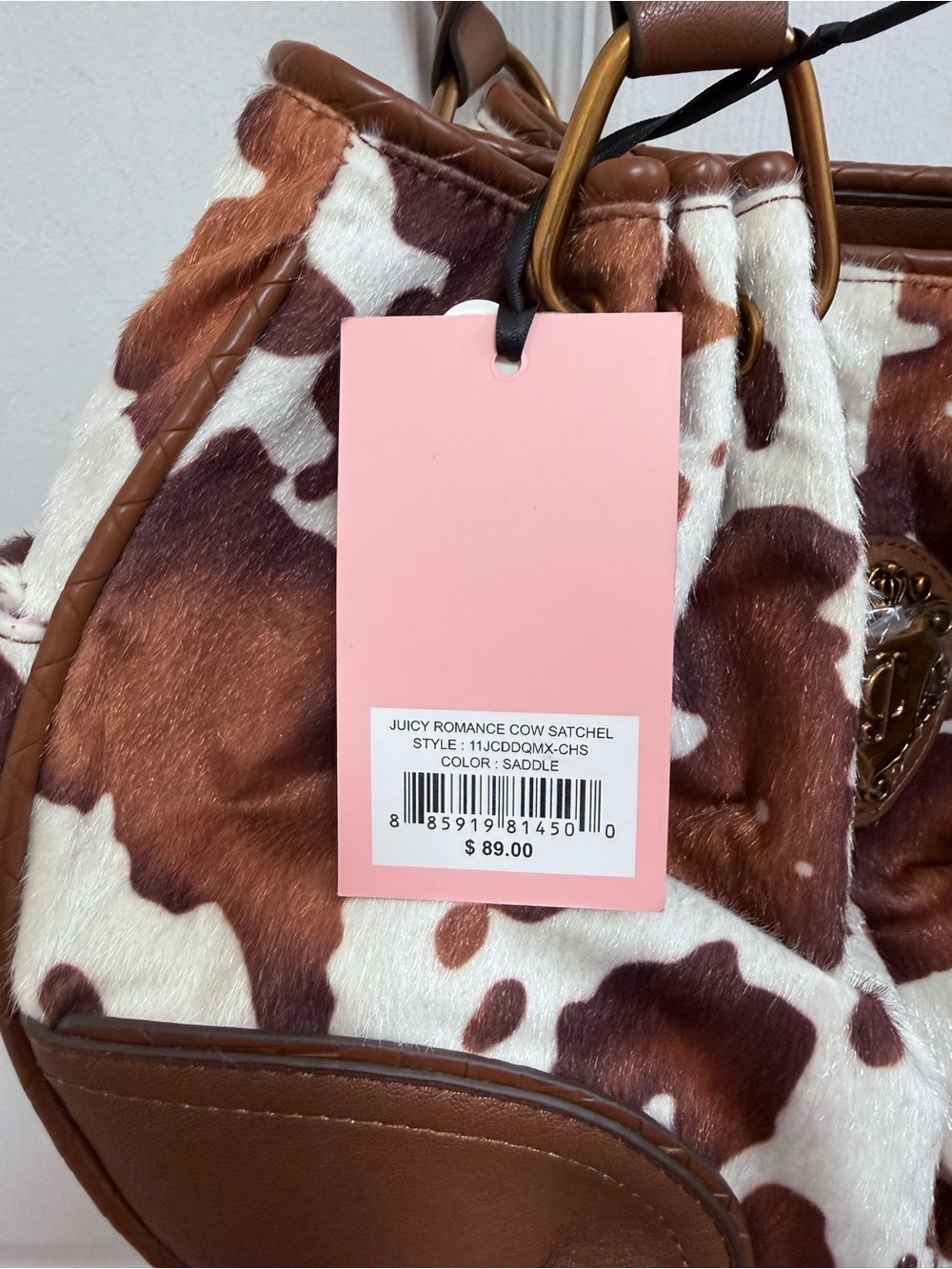 NWT Juicy Romance Cow Print Satchel in Saddle (Brown) - Picture 2 of 6